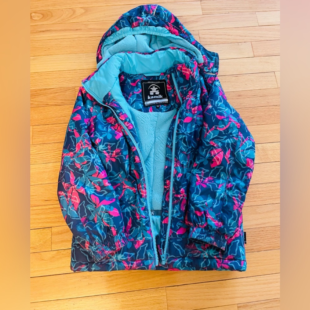 Kamik Kids Jacket in Teal, Navy & Pink Floral Print